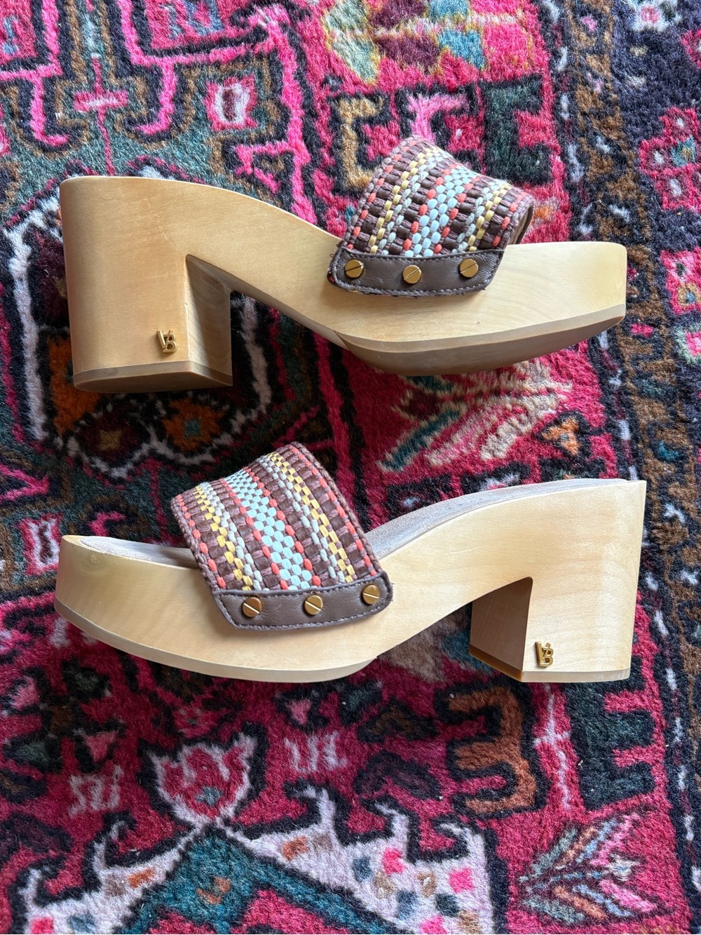 Veronica Beard HannaLee Multicolor Woven Strap Wood Block-Heel Mules size 10